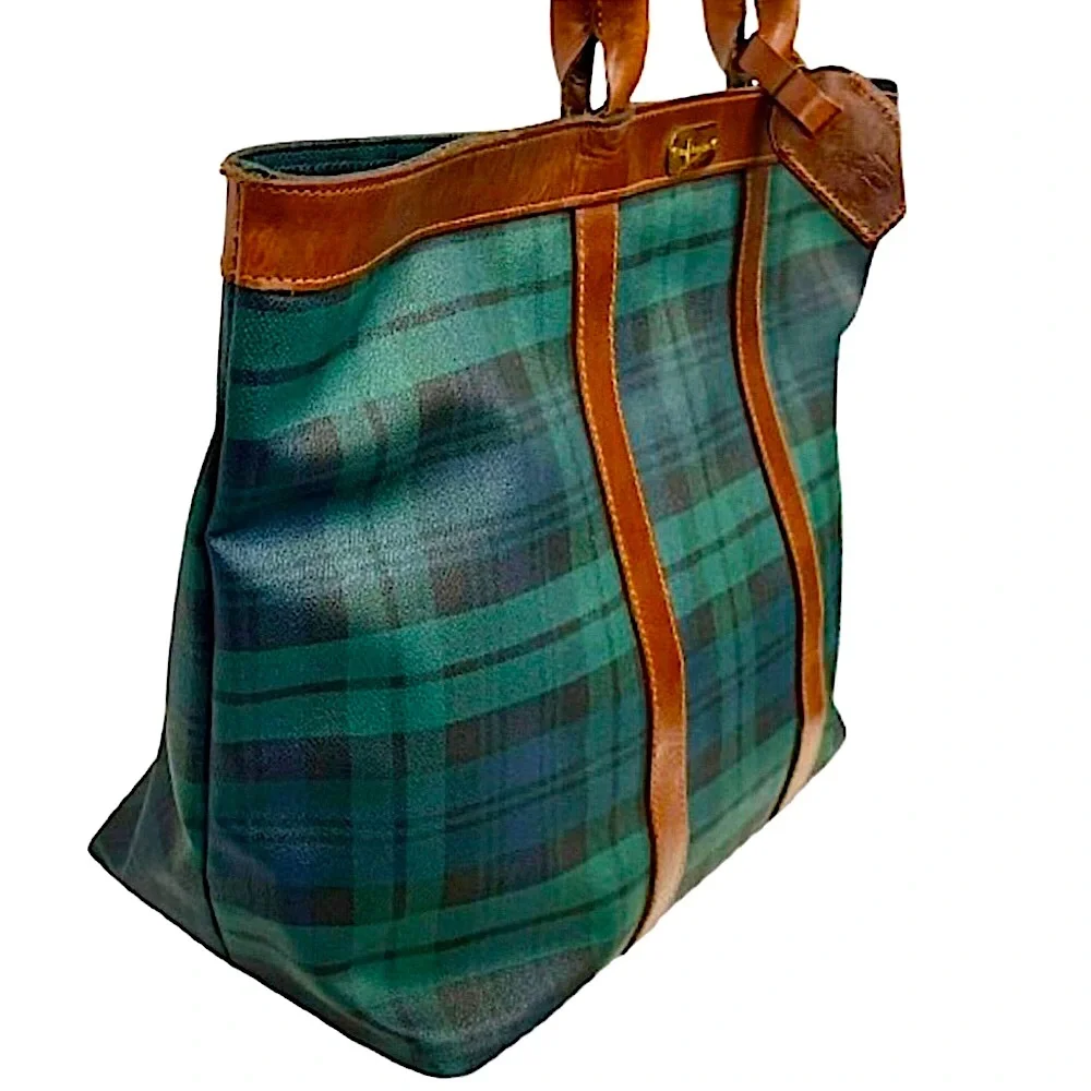 RALPH LAUREN Black Watch Plaid Coated Canvas Brown Leather Top Zip Shoulder Bag